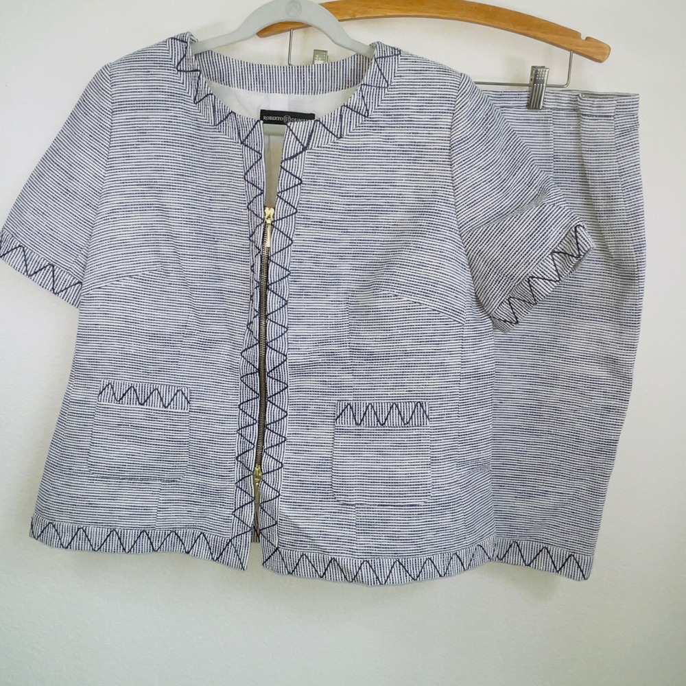 Roberto Quaglia Womens Textured Tweed Skirt Suit Set Short Sleeve Jacket US 14